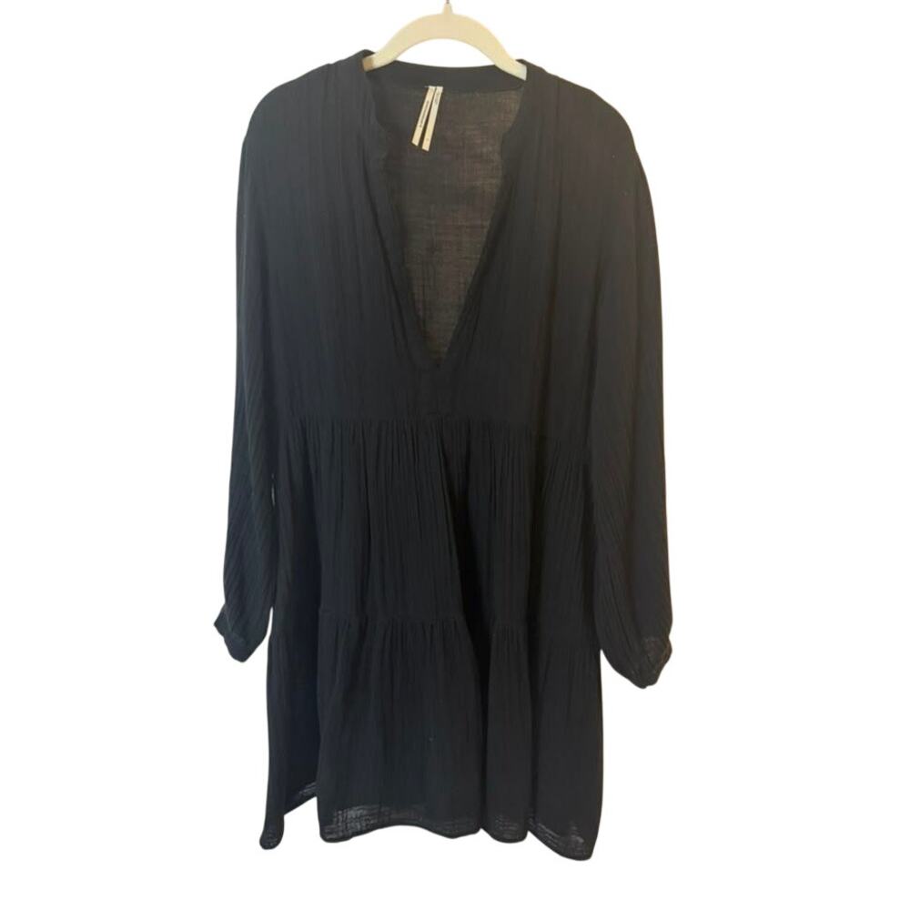 By Anthropologie 100% Cotton Gauze Mini Dress in Black Long Sleeves sz. S